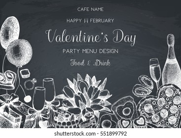 Valentine's day greeting card or invitation design. Hand drawn holiday elements. Vector sketched food and drinks illustration on chalkboard. Vintage menu template..