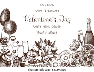 Valentine's day greeting card or invitation design. Hand drawn holiday elements. Vector sketched food and drinks illustration. Vintage menu template..