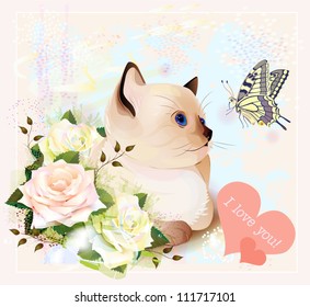 Valentines day greeting card with kitten, butterfly and roses