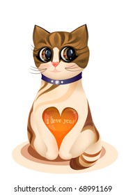 Valentines day greeting card with kitten and  glossy heart