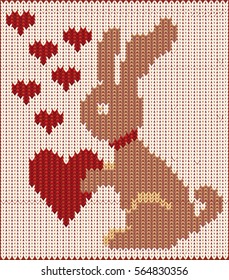 Valentines day greeting card, knitted rabbit with hearts, vector illustration