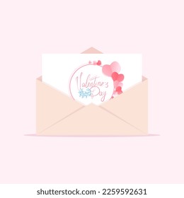 Valentine's Day greeting card letter, calligraphic inscription with pink hearts. Open envelope with a congratulatory letter, vector illustration. Happy St. Valentine