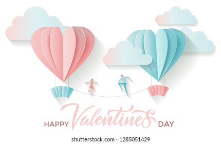 Valentine's day greeting card with lettering text happy valentines day and paper cut heart shape balloons with boy and girl are walking tightrope between clouds. Vector illustration pink blue heart
