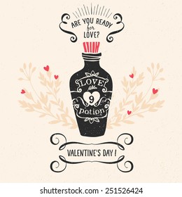 Valentine's day greeting card with lettering and other decorative elements. Vector hand drawn illustration.