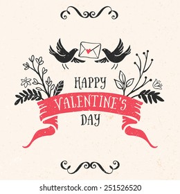 Valentine's day greeting card with lettering, ribbon, birds and other decorative elements. Vector hand drawn illustration.