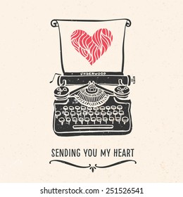 Valentine's day greeting card with lettering, typewriter, heart and other decorative elements. Vector hand drawn illustration.