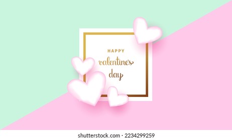 Valentine's day greeting card. Light pink 3d hearts on pink and  turquoise background