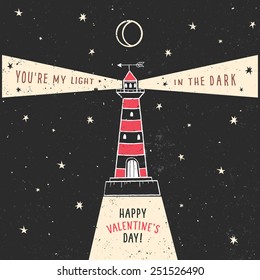 Valentine's day greeting card with lighthouse and lettering on chalkboard. Vector hand drawn illustration.