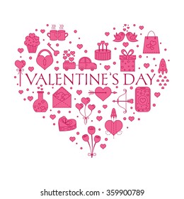 Valentine's Day greeting card with line icons . Big heart with birds, hearts, flask, bow, phone, rocket, cupcake,  car, arrow, candies, rose and cups.