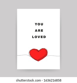 Valentine's day greeting card. Love heart one line design. Hand written lettering decorative brush strokes for gifts, cards, posters, vector isolated illustration