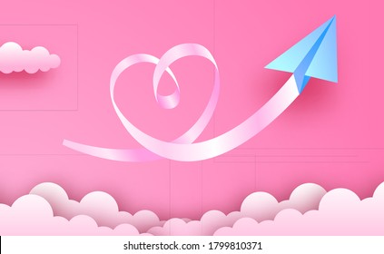 valentine's day greeting card and love concept. paper art style with blue origami paper plane with clouds and love like shape paper way in the pink sky background
