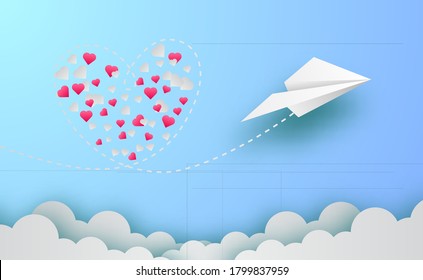 valentine's day greeting card and love concept. paper art style with white origami paper plane in the sky with heart shape at way line with blue sky background and cloud