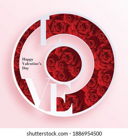 Valentine's day greeting card with love and rose paper cut art and craft style on paper background for Happy Valentine's day
