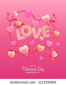 Valentine's day greeting card with love shaped balloons in pink background