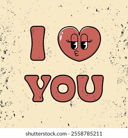 Valentine's Day greeting card. I love you, lettering and cute heart with face. Trendy retro style.