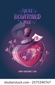 Valentine's Day greeting card with love potion. Romantic, magic love, 14 February concept. Vector illustrations for card, postcard, cover.