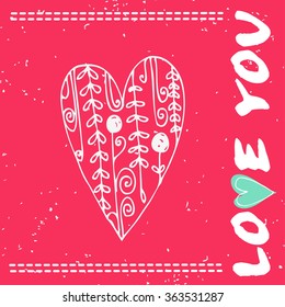 Valentines day greeting card. Love you. Heart.