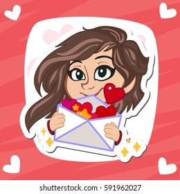 Valentines Day greeting card. Love concept in flat style. Vector illustration EPS10. Cute little girl wondering cartoon character