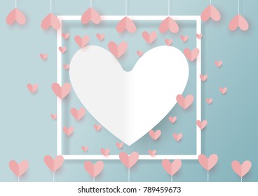 Valentine's day greeting card and love concept of paper art style.Origami hearts and white frame.Vector illustration.