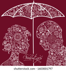 Valentine's Day greeting card with lovers and umbrella