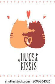 Valentine's Day greeting card with lovers hugging cats sitting with their backs. Handwritten phrase Hugs and kisses. Cartoon vector illustration on a white background in a frame with hearts