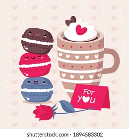 Valentine's Day greeting card with macaroons and a cup. Vector.