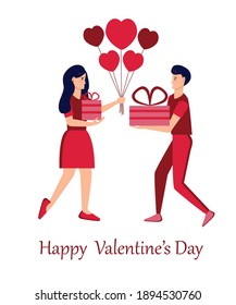 Valentine's Day greeting card.  Man and women bringing presents and heart shaped balloons to each other.