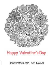 Valentines Day greeting card with many ornate elements. Round shape. Vector illustration.