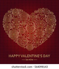 Valentines Day greeting card with many ornate elements. Round shape. Vector illustration.