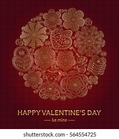 Valentines Day greeting card with many ornate elements. Round shape. Vector illustration.