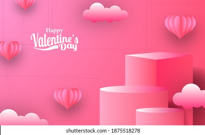 Valentine's day greeting card marketing promotion banner with empty stage podium product display with pink hearth illustration paper cut style