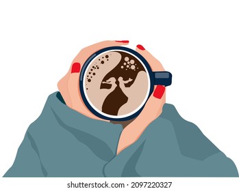Valentine's Day greeting card. A metaphor. A cup of coffee and a couple of kisses with milk foam. Vector illustration.