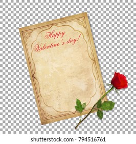 Valentines day greeting card. Old grungy paper with oriental ornament, title happy valentine's day and red elegant rose isolated on transparent. Worn template with space for text. Vintage love letter.