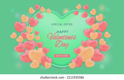 Valentine's day greeting card on realistic heart shaped with green background