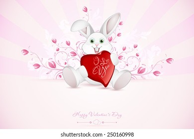 Valentines Day Greeting Card with Ornaments and Floral and Rays and Rabbit with Heart