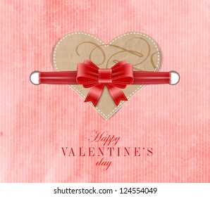 Valentine's day greeting card with paper cardboard heart and bow knot