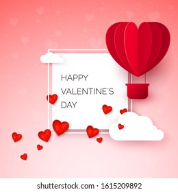 Valentine`s day greeting card with paper cut red heart shape balloon flying. Balloon flies and leaves a trail with hearts decorations. Happy Valentine day. Vector