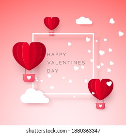 Valentines day greeting card with paper cut red heart shape balloon flying. Balloon flies and leaves a trail with hearts decorations. Vector illustration