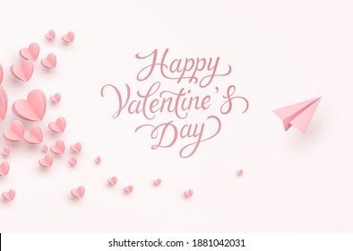 Valentine's Day greeting card. Paper flying airplane on pink background. Vector symbols of love, hearts with plane postcard
