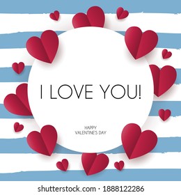 Valentines Day greeting card with paper cut red hearts. I love you poster on the blue stripe background, vector illustration