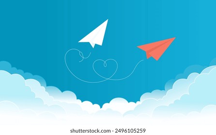 Valentine's Day greeting card. Paper art style. Love concept with origami airplanes in the clouds and a blue sky. Vector illustration blue sky and airplane 