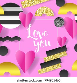 Valentines Day Greeting Card with Paper Cut Out Hearts and Abstract Gold Elements. Love Invitation. Vector illustration