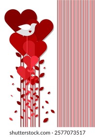 Valentine's Day greeting card, papercut style, invitation banner, congratulation message. Romantic background with red hearts and white pigeon.	

