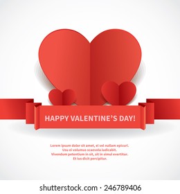 Valentine's day greeting card or party invitation design with three origami hearts and ribbon on white background