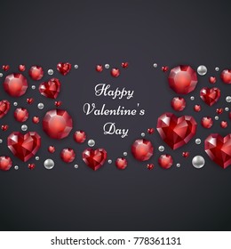 Valentines day greeting card with pattern. Border made of red rubies and pearls isolated on dark background. Heart shape with text. Festive illustration for February 14. Vector eps 10.