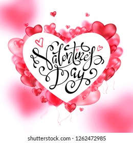 Valentines day greeting card with pink heart shape balloon. Vector illustration