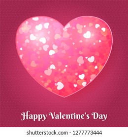 Valentines day greeting card. Pink glitter heart on purple background
