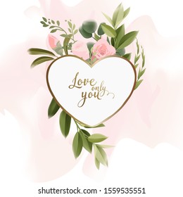 Valentine's Day. Greeting card with pink flowers, can be used as invitation card for wedding, birthday and other holiday and  summer background. Botanical art. Vector illustration art
