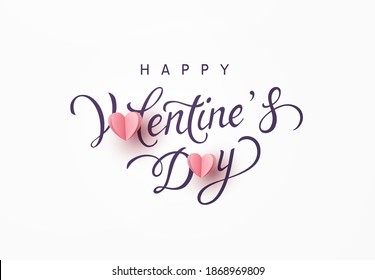 Valentine's Day greeting card and pink paper flying hearts on white background. Vector symbols of love with lettering postcard or romantic banner