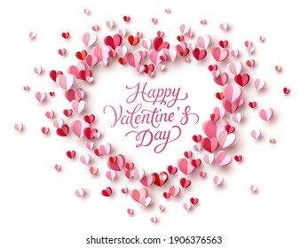 Valentine's Day greeting card with pink and red paper confetti hearts on white background. Vector symbols of love frame poster or romantic banner